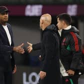 BURNLEY, ENGLAND - SEPTEMBER 23: Manager Erik ten Hag of Manchester United shakes hands with Manager Vincent Kompany of Burnley after the Premier League match between Burnley FC and Manchester United at Turf Moor on September 23, 2023 in Burnley, England. (Photo by Matthew Peters/Manchester United via Getty Images)