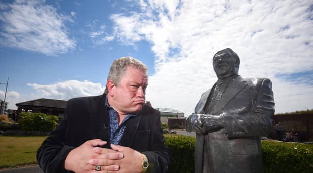 Jon Culshaw with Les Dawson's statue in St Annes