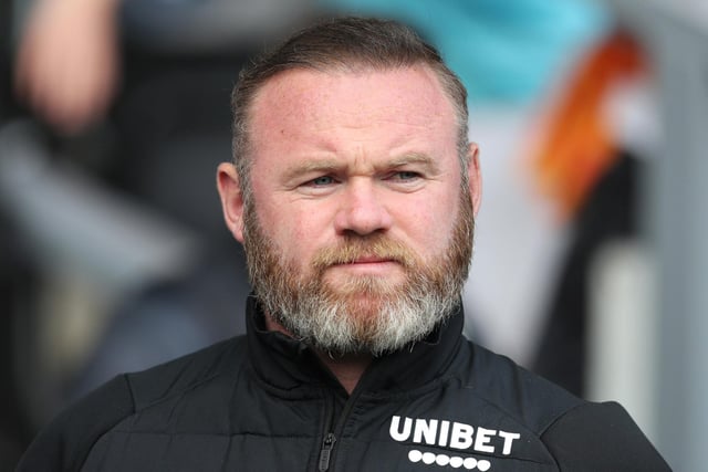DERBY, ENGLAND - MAY 07: Wayne Rooney, Manager of Derby County looks on during the Sky Bet Championship match between Derby County and Cardiff City at Pride Park Stadium on May 07, 2022 in Derby, England. (Photo by Cameron Smith/Getty Images)