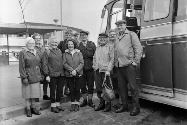 Some of the Holiday Group members prepare to board the coach for the Dales walk. Members of Burnley Holiday Group enjoyed a ramble in Littendale on Good Friday, 9th April 1971.