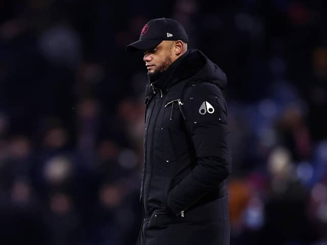 BURNLEY, ENGLAND - JANUARY 12: Vincent Kompany, Manager of Burnley, leaves the pitch at half-time during the Premier League match between Burnley FC and Luton Town at Turf Moor on January 12, 2024 in Burnley, England. (Photo by Naomi Baker/Getty Images)