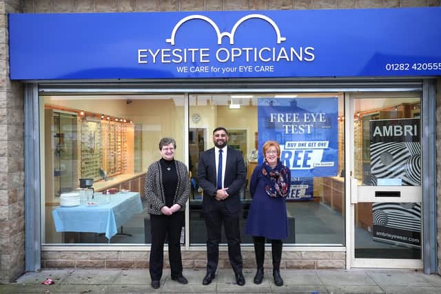 Amir Hussain has taken over as the new owner of Eyesite Opticians in Burnley. He is pictured here with practice manager Christine Berry (right) and dispensing optician Janet Cuff