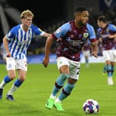 HUDDERSFIELD, ENGLAND - JULY 29: Vitinho of Burnley keeps possession of the ball during the Sky Bet Championship match between Huddersfield Town and Burnley at John Smith's Stadium on July 29, 2022 in Huddersfield, England. (Photo by Ashley Allen/Getty Images)