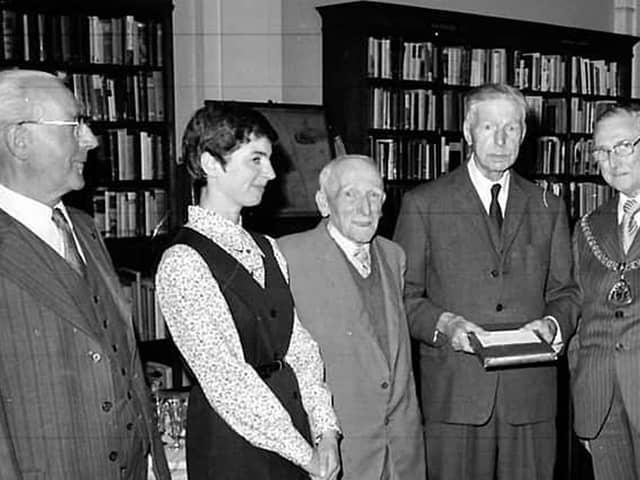 Burnley's two greatest historians, Mr Walter Bennett (third from left) and Mr Ralph Cross with the Mayor and Mayoress (right) and historical society chairman (Mr J. O. B. Illingworth and Miss Jean Syddall, reference librarian.