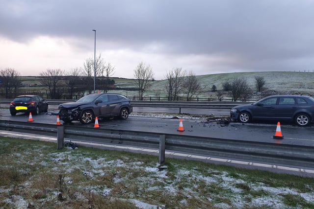 This three-vehicle crash happened on Boxing Day on the A56, due to poor weather conditions - one of "many" in the area, according to police.