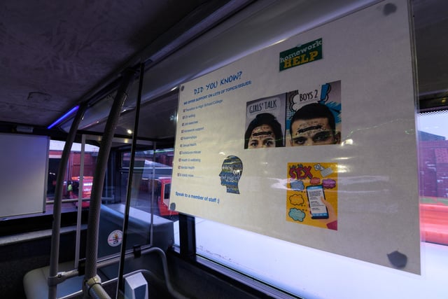 Advice for youths is posted around the Space Youth Bus which is seeking funding to continue its service. Photo: Kelvin Stuttard