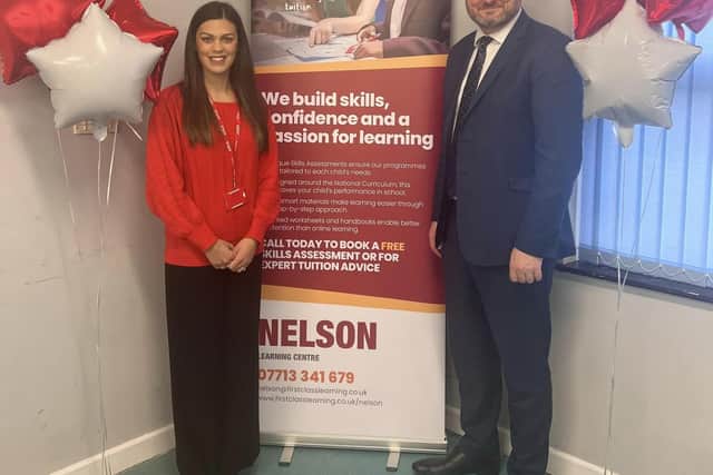 First Class Learning Nelson Centre Manager Isobel Smith with Pendle MP Andrew Stephenson at the launch of her new tutoring service at the Hodge House Community Centre, Nelson
