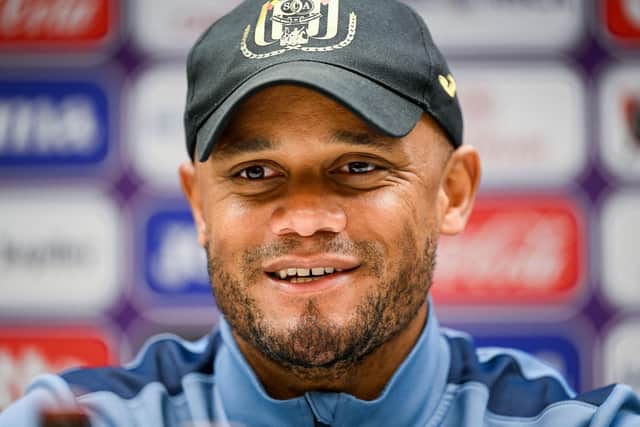 Anderlecht's Belgian head coach Vincent Kompany holds a press conference in Brussels on May 6, 2022, ahead of the Belgian Pro League play-off football match betwenn Royal Antwerp FC and RSC Anderlecht. - Belgium OUT (Photo by LAURIE DIEFFEMBACQ / BELGA / AFP) / Belgium OUT (Photo by LAURIE DIEFFEMBACQ/BELGA/AFP via Getty Images)