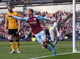 BURNLEY, ENGLAND - APRIL 24: Matej Vydra of Burnley celebrates after scoring their team's first goal during the Premier League match between Burnley and Wolverhampton Wanderers at Turf Moor on April 24, 2022 in Burnley, England. (Photo by Stu Forster/Getty Images)