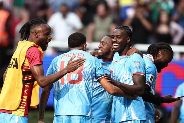 Axel Tuanzebe  is congratulated after his goal for DR Congo seals World Cup qualification (Photo by Ulises Ruiz / AFP via Getty Images)