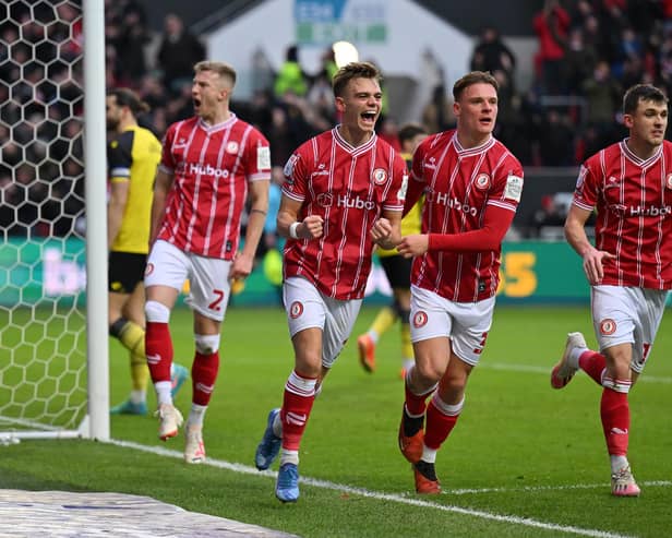 BRISTOL, ENGLAND - JANUARY 20: Scott Twine of Bristol City celebrates scoring his side's first goal during the Sky Bet Championship match between Bristol City and Watford at Ashton Gate on January 20, 2024 in Bristol, England. (Photo by Dan Mullan/Getty Images)