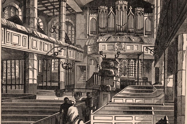 The interior of St Peter’s as it was in the early nineteenth century. Note the three-decker pulpit, the box pews, the galleries and the location of the organ that was installed in 1803.