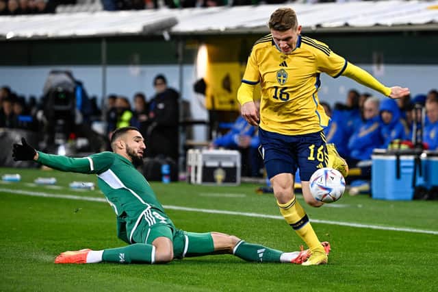 Algeria's Nabil Bentaleb (L) and Sweden's Viktor Gyokeres vie for the ball during the friendly football match between Sweden and Algeria at Eleda Stadium in Malmo on November 19, 2022. - Sweden OUT (Photo by Johan NILSSON / TT News Agency / AFP) / Sweden OUT (Photo by JOHAN NILSSON/TT News Agency/AFP via Getty Images)