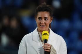 KINGSTON UPON THAMES, ENGLAND - SEPTEMBER 28: Fara Williams, former professional footballer talks pitchside prior to the FA Women's Super League match between Chelsea and West Ham United at Stamford Bridge on September 28, 2022 in London, United Kingdom. (Photo by Alex Burstow/Getty Images)
