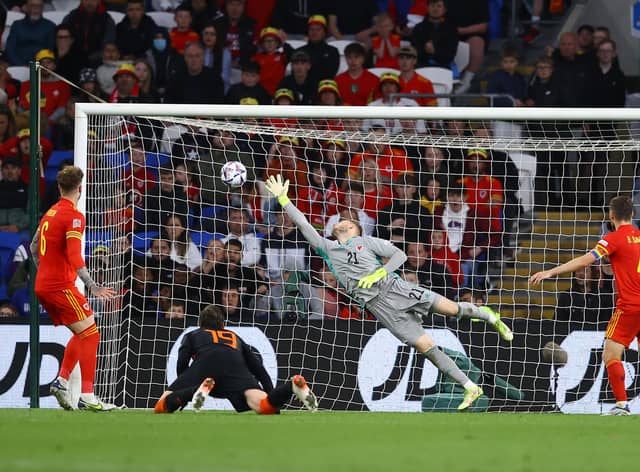 CARDIFF, WALES - JUNE 08: Wout Weghorst of Netherlands scores their sides second goal past Adam Davies of Wales during the UEFA Nations League League A Group 4 match between Wales and Netherlands at Cardiff City Stadium on June 08, 2022 in Cardiff, Wales. (Photo by Michael Steele/Getty Images)