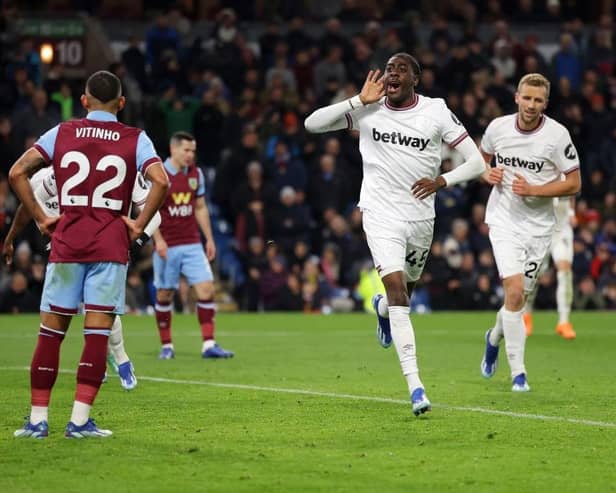 BURNLEY, ENGLAND - NOVEMBER 25: Divin Mubama of West Ham United celebrates after scoring the team's first goal during the Premier League match between Burnley FC and West Ham United at Turf Moor on November 25, 2023 in Burnley, England. (Photo by Matt McNulty/Getty Images)