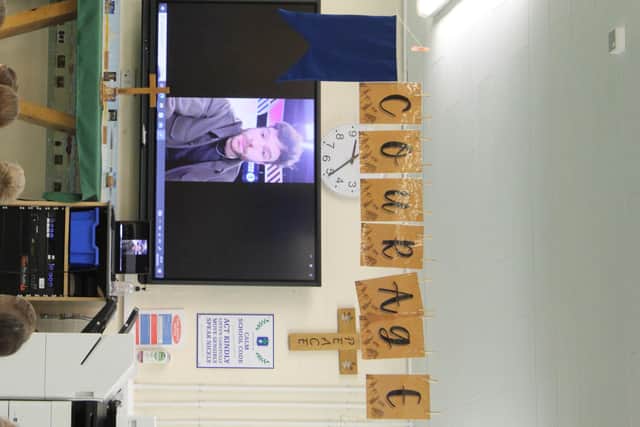 Jordan North's video being watched by the current pupils of St James' Lanehead Primary School, Burnley