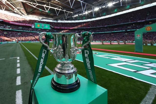 LONDON, ENGLAND - FEBRUARY 26: A general view of the trophy ahead of the Carabao Cup Final match between Manchester United and Newcastle United at Wembley Stadium on February 26, 2023 in London, England. (Photo by Matthew Peters/Manchester United via Getty Images)