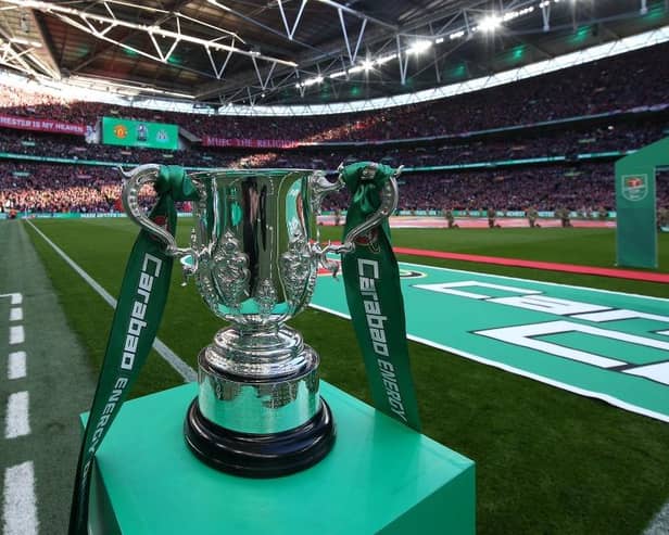 LONDON, ENGLAND - FEBRUARY 26: A general view of the trophy ahead of the Carabao Cup Final match between Manchester United and Newcastle United at Wembley Stadium on February 26, 2023 in London, England. (Photo by Matthew Peters/Manchester United via Getty Images)