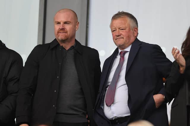 CHESTERFIELD, ENGLAND - NOVEMBER 05: Sean Dyche and Chris Wilder look on prior to the Emirates FA Cup First Round match between Chesterfield and Northampton Town at Technique Stadium on November 05, 2022 in Chesterfield, England. (Photo by Pete Norton/Getty Images)
