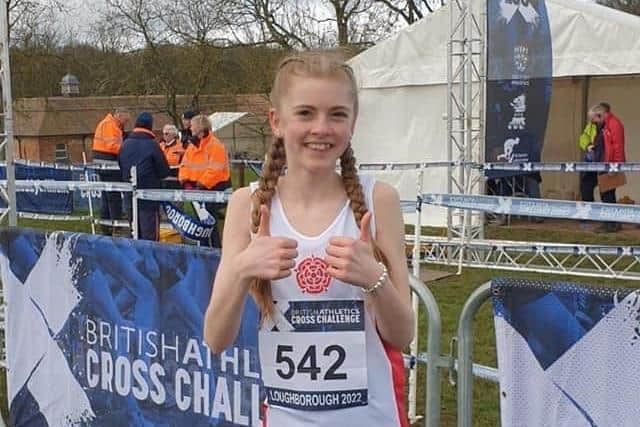 Eliena Lusty in her Lancashire vest at the Inter counties cross country event at Loughborough
