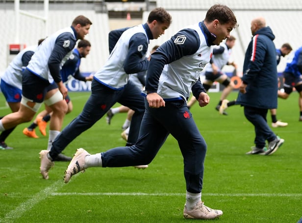 <p>France's scrum-half and captain Antoine Dupont during his side's final training run at the Stade de France before the Scotland game. (Photo by FRANCK FIFE/AFP via Getty Images)</p>