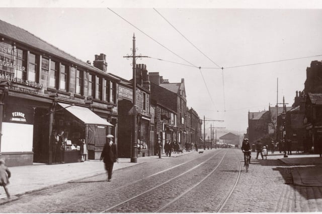 An image of the full length of Yorkshire Street. “Culvert Buildings”, the Brickmakers Arms and Burnley’s Water Dept., are on the left, with St Mary’s and the Convent on the right. Turf Moor is in the distance