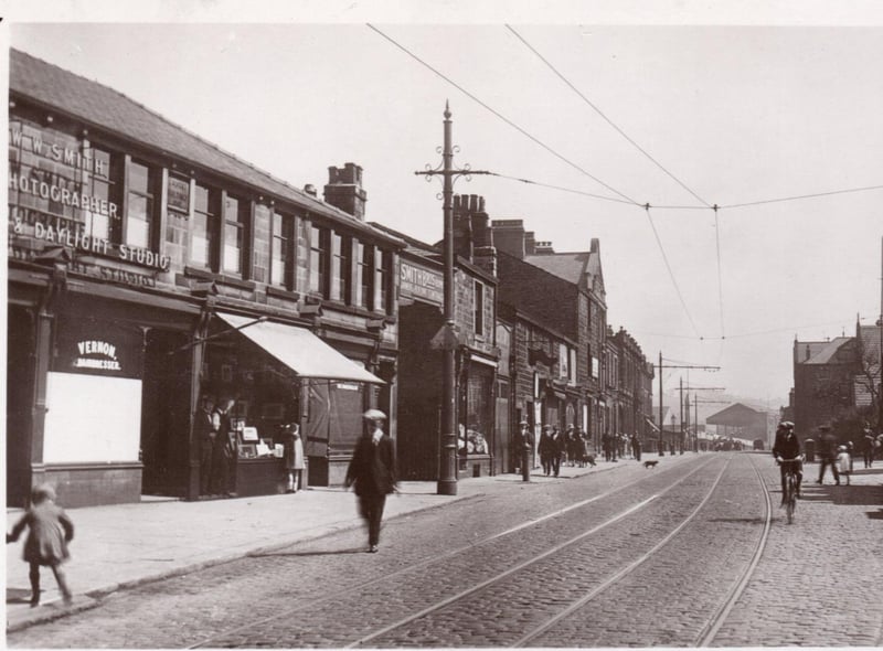 An image of the full length of Yorkshire Street. “Culvert Buildings”, the Brickmakers Arms and Burnley’s Water Dept., are on the left, with St Mary’s and the Convent on the right. Turf Moor is in the distance