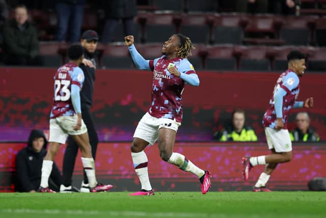 BURNLEY, ENGLAND - FEBRUARY 14: Michael Obafemi of Burnley celebrates after scoring the team's first goal during the Sky Bet Championship match between Burnley and Watford at Turf Moor on February 14, 2023 in Burnley, England. (Photo by Clive Brunskill/Getty Images)
