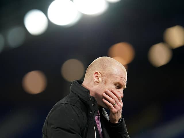 Sean Dyche, manager of Burnley, looks on during the Premier League match between Everton and Burnley at Goodison Park on March 13, 2021.