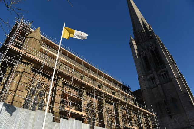 Scaffolding at St Walburge's, Preston. The church, famous for its towering spire, has a leaking roof, with damp evident inside the building, according to Historic England. The register goes on to say that "extensive repairs are still needed".
