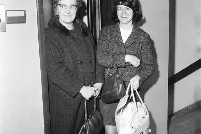 Two women were trapped in the lift at the Inland Revenue offices yesterday. Mrs Joan Morgan and Mrs Edna Eustace had to wait for the police and fire brigade to free them from the lift at Safeway House yesterday after being prisoners for an hour and a half.