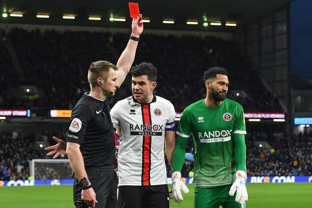 Sheffield United's Wes Foderingham is red carded by Referee Michael Salisbury

The EFL Sky Bet Championship - Burnley v Sheffield United - Monday 10th April 2023 - Turf Moor - Burnley