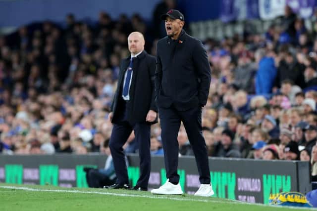 LIVERPOOL, ENGLAND - NOVEMBER 01: Vincent Kompany, Manager of Burnley, reacts during the Carabao Cup Fourth Round match between Everton and Burnley at Goodison Park on November 01, 2023 in Liverpool, England. (Photo by Alex Livesey/Getty Images)