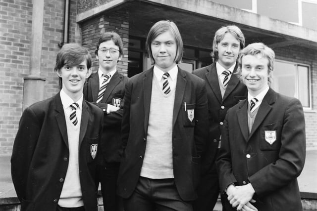 Five Burnley Grammar School boys scooped 28 grade A's between them in their A-level results. And this, according to their headmaster, was average for the grammar school! The outstanding five, (left to right in the picture) are: Roger Shaw, Neil Holdsworth, Martyn Brecker, Jeffrey Alderson and John Acornley.