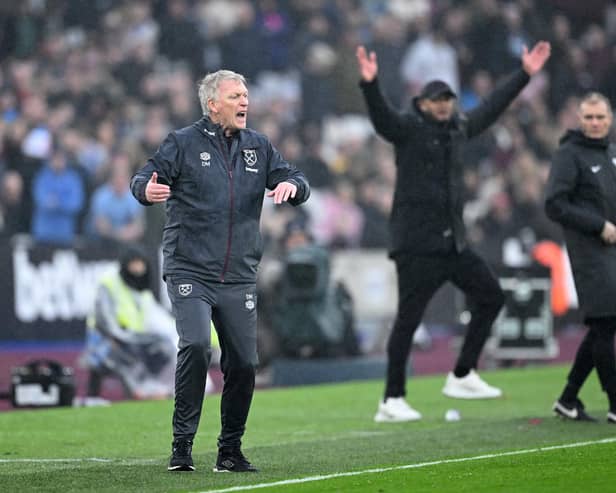 LONDON, ENGLAND - MARCH 10: David Moyes, Manager of West Ham United, reacts during the Premier League match between West Ham United and Burnley FC at the London Stadium on March 10, 2024 in London, England. (Photo by Justin Setterfield/Getty Images)