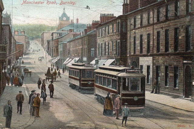 Two Burnley trams at the bottom of Manchester Road, the first one on the Towneley route, the other on the Manchester Road route. The Manchester Road route was constructed by Burnley Corporation after the electrification scheme which was implemented, directly after the Council took over the system in 1901. This card was posted, to St Anne’s on Sea, in 1905.