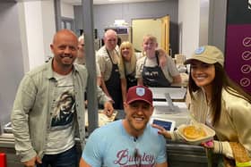 The Haffners team with J.J. Watt and his wife Kealia as the business debuts its pies at Turf Moor.