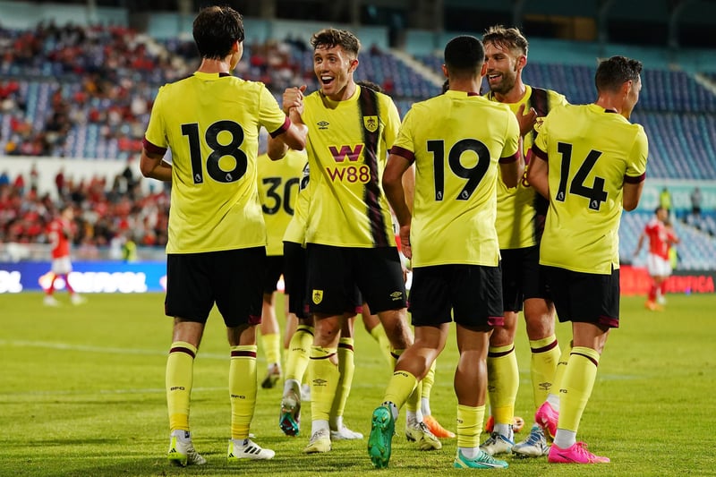 LISBON, PORTUGAL - JULY 25:  Hjalmar Ekdal of Burnley FC celebrates with teammates after scoring a goal during the Pre-Season Friendly match between SL Benfica and Burnley FC at Estadio do Restelo on July 25, 2023 in Lisbon, Portugal.  (Photo by Gualter Fatia/Getty Images)