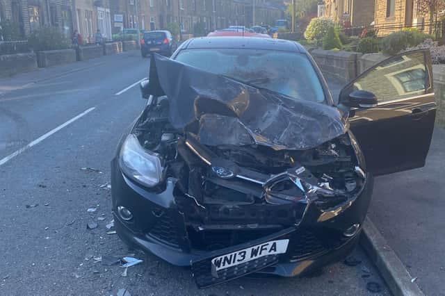 One of the four cars damaged in the road accident in Trawden this morning