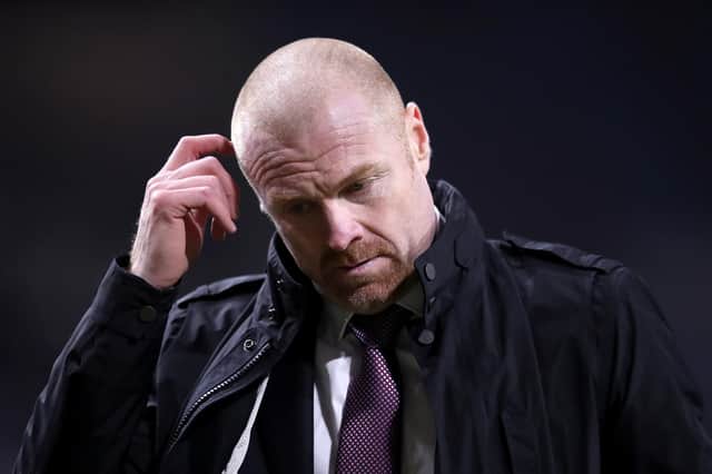 Sean Dyche, manager of Burnley, reacts after the Premier League match between Burnley and Leicester City at Turf Moor on March 3, 2021.