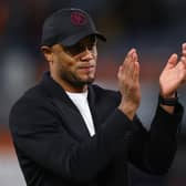 LUTON, ENGLAND - OCTOBER 3: Vincent Kompany, Manager of Burnley, applauds the fans following the team's victory during the Premier League match between Luton Town and Burnley FC at Kenilworth Road on October 3, 2023 in Luton, England. (Photo by Marc Atkins/Getty Images)