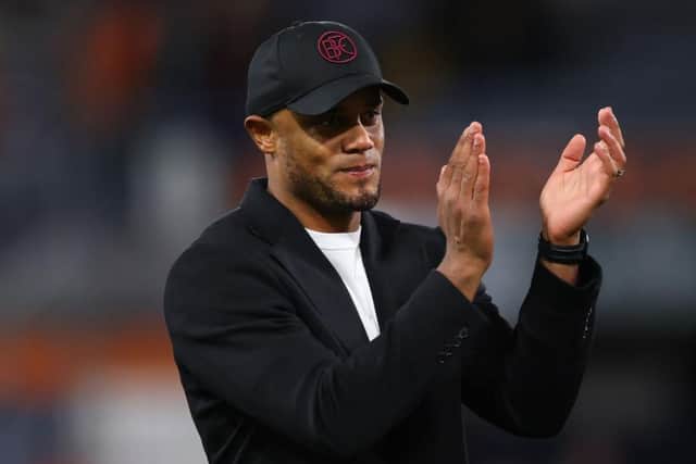 LUTON, ENGLAND - OCTOBER 3: Vincent Kompany, Manager of Burnley, applauds the fans following the team's victory during the Premier League match between Luton Town and Burnley FC at Kenilworth Road on October 3, 2023 in Luton, England. (Photo by Marc Atkins/Getty Images)