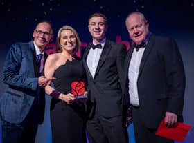 Keeley Beaumont (Director of Fence Gate Lodge) and Chris Hoban (Lodge Manager) collecting the Lancashire Perfect Stay award at the Lancashire Tourism Awards.