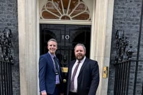 Managing Director Ted Crockett of Haffners Pies with Burnley and Padiham MP Antony Higginbotham at 10 Downing Street.