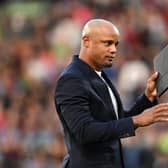 BURNLEY, ENGLAND - AUGUST 11: Vincent Kompany, Head Coach of Burnley gestures prior to the Premier League match between Burnley FC and Manchester City at Turf Moor on August 11, 2023 in Burnley, England. (Photo by Michael Regan/Getty Images)