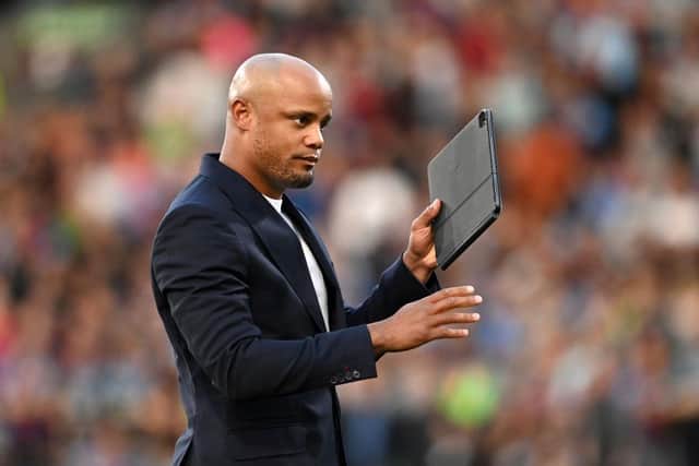 BURNLEY, ENGLAND - AUGUST 11: Vincent Kompany, Head Coach of Burnley gestures prior to the Premier League match between Burnley FC and Manchester City at Turf Moor on August 11, 2023 in Burnley, England. (Photo by Michael Regan/Getty Images)
