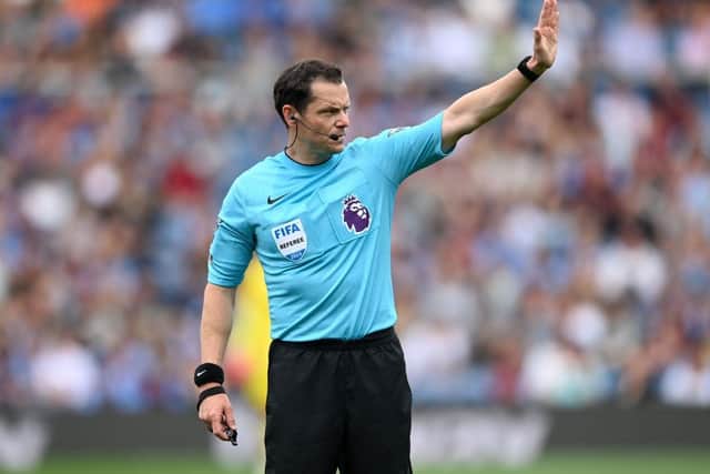 BURNLEY, ENGLAND - SEPTEMBER 02: Referee Darren England during the Premier League match between Burnley FC and Tottenham Hotspur at Turf Moor on September 02, 2023 in Burnley, England. (Photo by Gareth Copley/Getty Images)