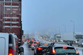 Traffic at a standstill on the M62 motorway near Kirklees, West Yorkshire, due to heavy snow in the area. (Photo credit: PA Wire)