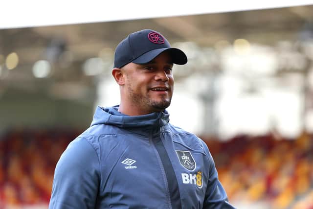 BRENTFORD, ENGLAND - OCTOBER 21: Vincent Kompany, Manager of Burnley, looks on prior to the Premier League match between Brentford FC and Burnley FC at Gtech Community Stadium on October 21, 2023 in Brentford, England. (Photo by Tom Dulat/Getty Images)